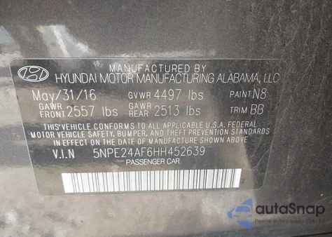 2017 Hyundai Sonata Se from USA, damaged, VIN 5NPE24AF6HH452639